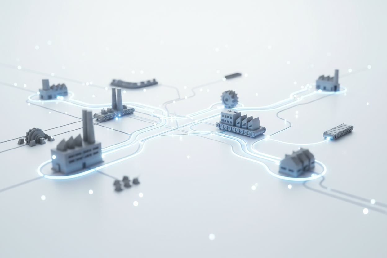 Abstract supply chain concept, multiple blurred manufacturing elements connected by light paths, clean white background, corporate compliance aesthetic, no text, no diagrams, no labels