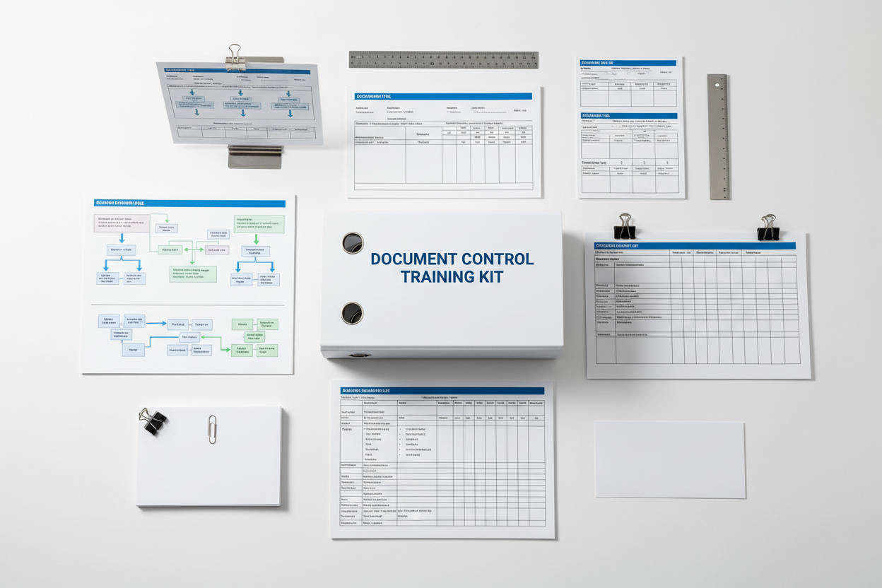 Document lifecycle flowcharts, change-control logs, master document list pages, controlled-header templates arranged neatly. White binder labeled Document Control Training Kit. Clean, clinical QMS aesthetic with crisp shadows and stainless-steel accents.