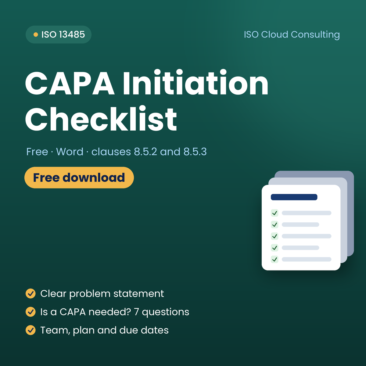 Free CAPA Initiation Checklist for ISO 13485 clauses 8.5.2 and 8.5.3, Word