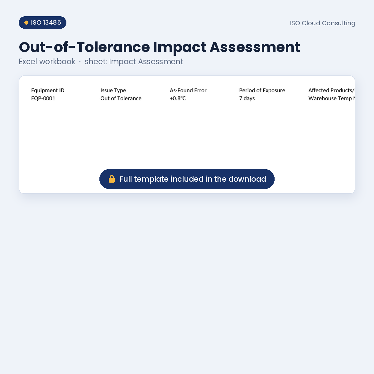 Preview of the Out-of-Tolerance Impact Assessment Excel workbook, Impact Assessment sheet, from the Equipment, Calibration & Work Environment Kit (lower part blurred)