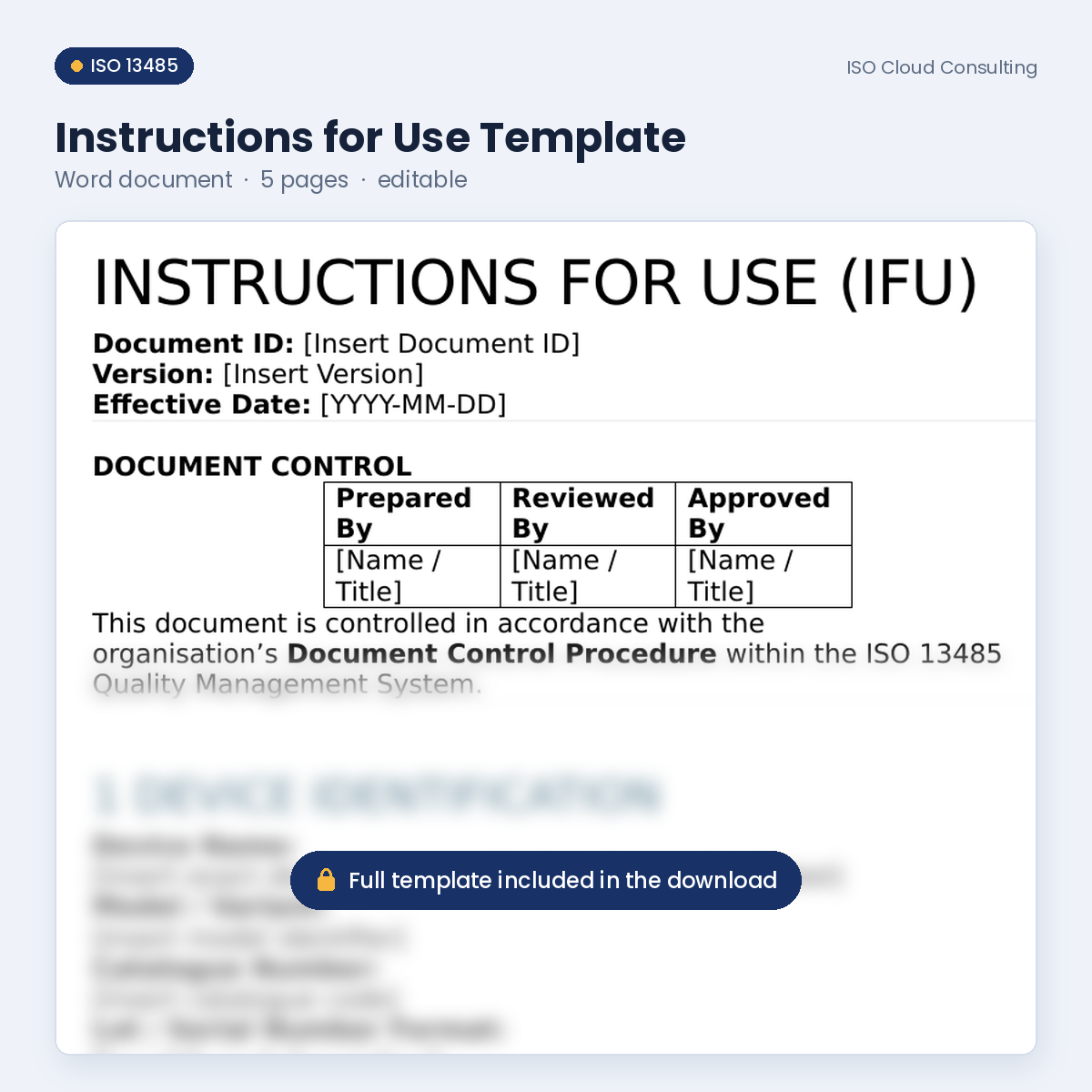 Preview of page 1 of the Instructions for Use Template Word template in the Medical Device File & Labelling Kit (lower part blurred)