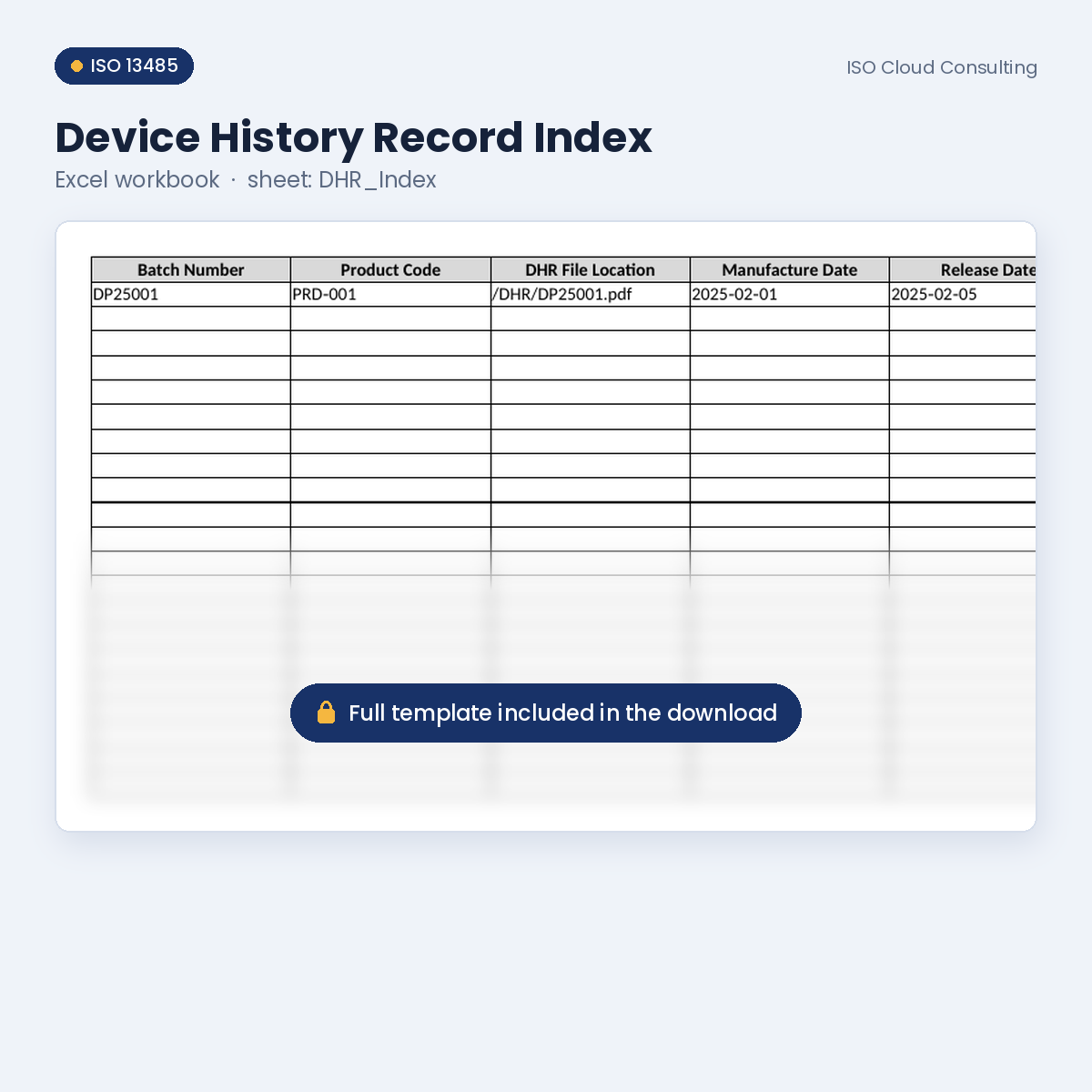 Preview of the Device History Record Index Excel workbook, DHR_Index sheet, from the Production & Traceability Kit (lower part blurred)