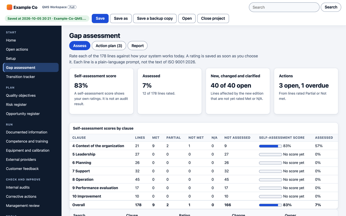 ISO 9001:2026 gap assessment with ratings by clause
