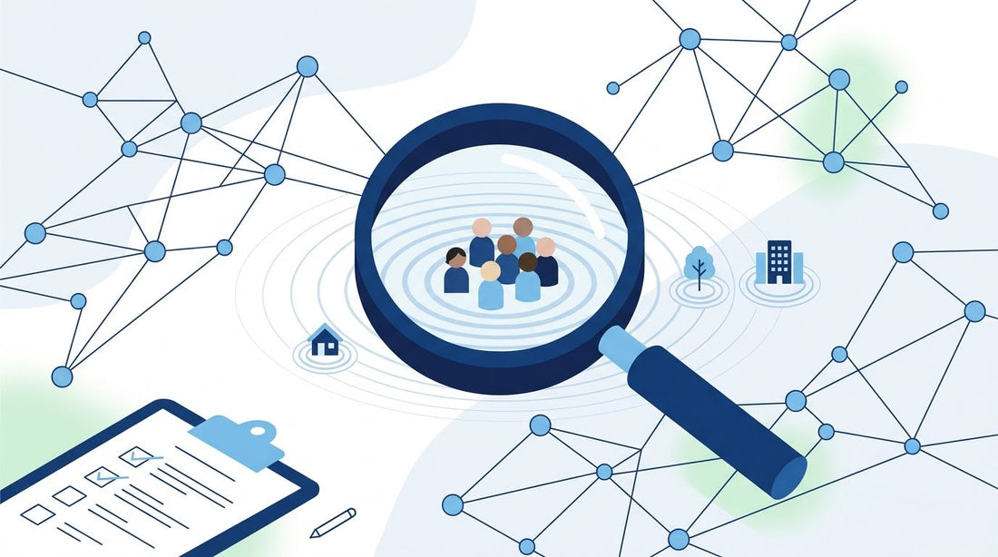 Magnifying glass over an AI network revealing faceless figures and ripples reaching homes, trees and buildings