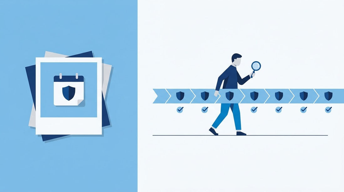 Illustration contrasting a single snapshot of a shield with a months-long timeline of repeated checks