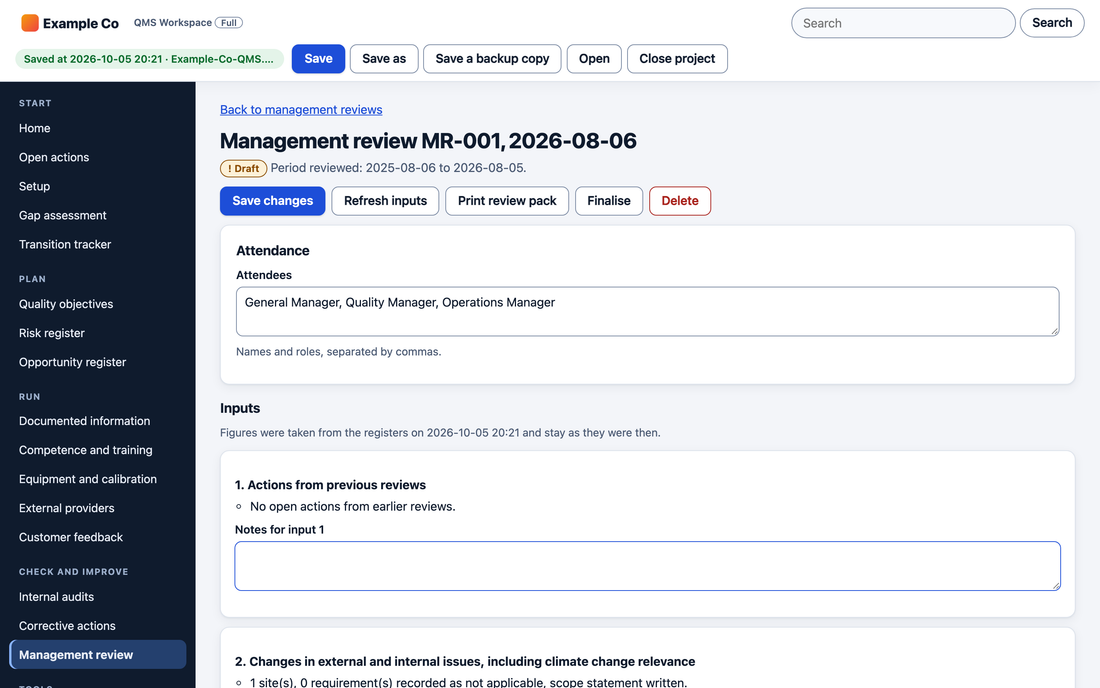 Management review with inputs filled from the registers