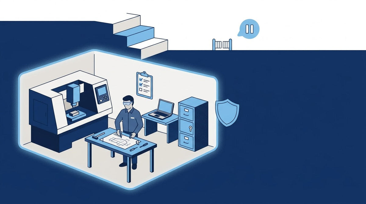 Illustration of a small machine shop inside a secure boundary, with three steps representing CMMC levels