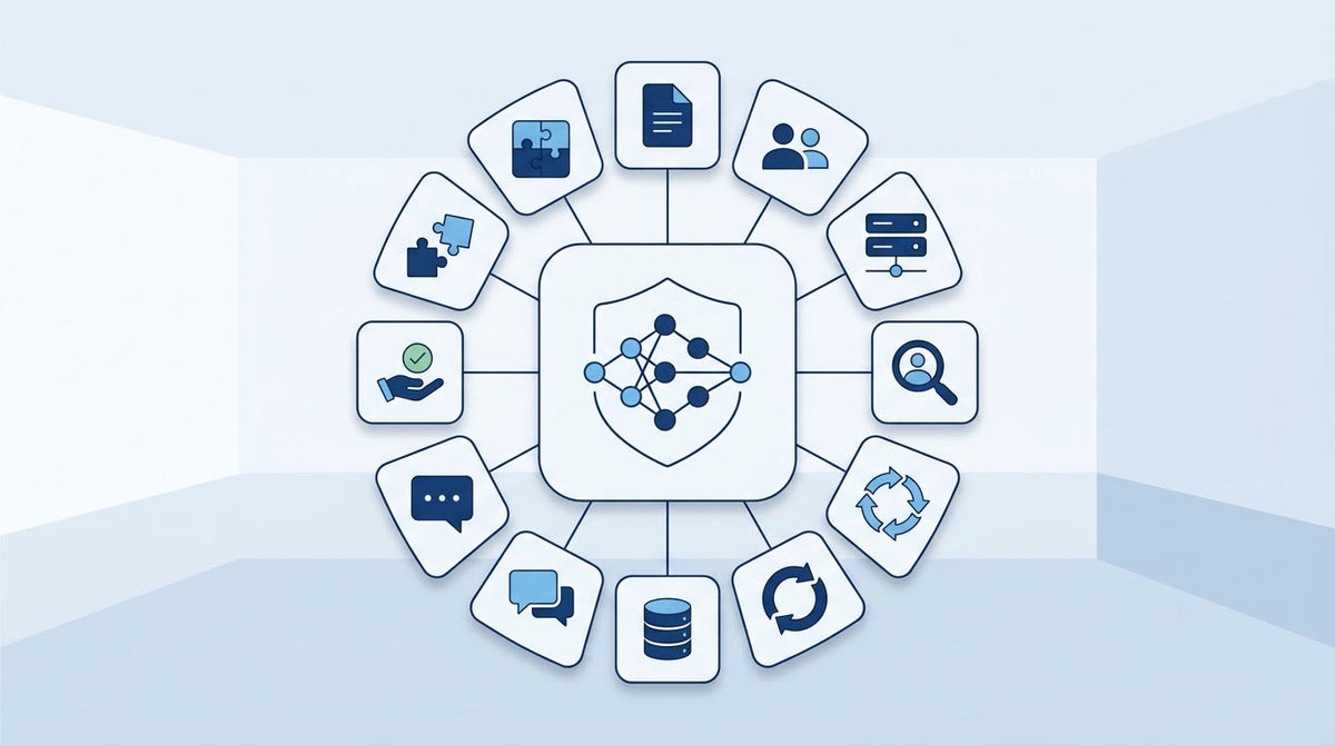 Illustration of an AI system inside a shield, ringed by nine icons for the ISO 42001 Annex A control areas