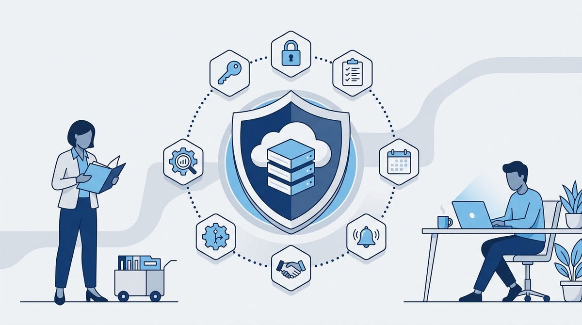 Illustration of a cloud system inside a security shield, linked to control icons, a founder and an auditor