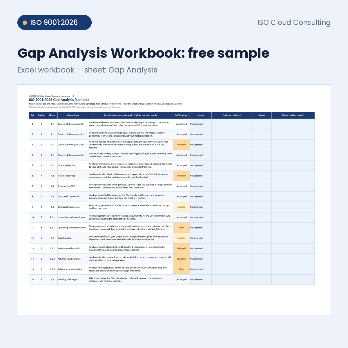 Preview of the free sample Gap Analysis sheet with 2026 change flags and status dropdowns