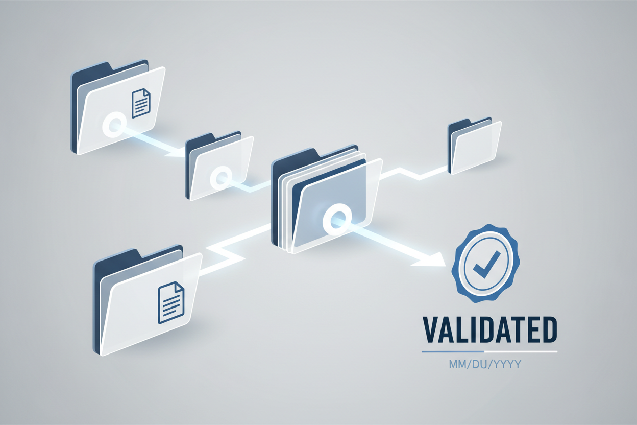 Abstract SharePoint/Drive-style folder, workflow arrows, validation stamp, crisp medical-device palette.