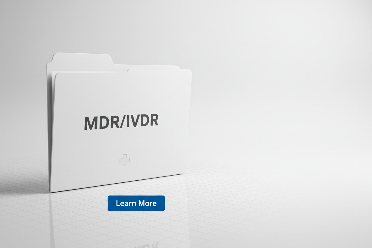 Clean clinical file folder with “MDR/IVDR” label and matrix grid.
Button: Learn More