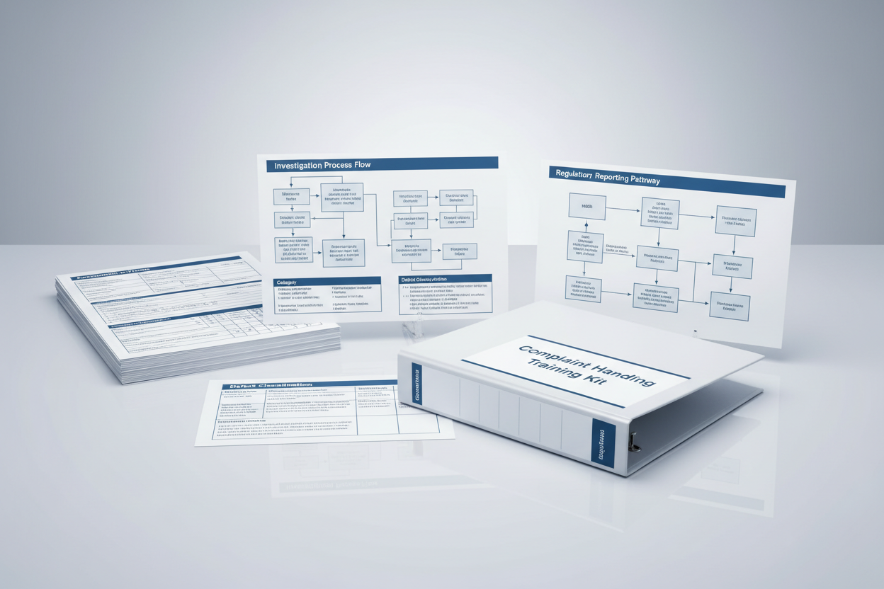 Clean medical-device quality desk. Complaint intake forms, investigation flowcharts, defect classification tables, regulatory reporting pathways. One white binder labeled Complaint Handling Training Kit. Minimal, clinical, blue-white aesthetic. High-end compliance visuals.