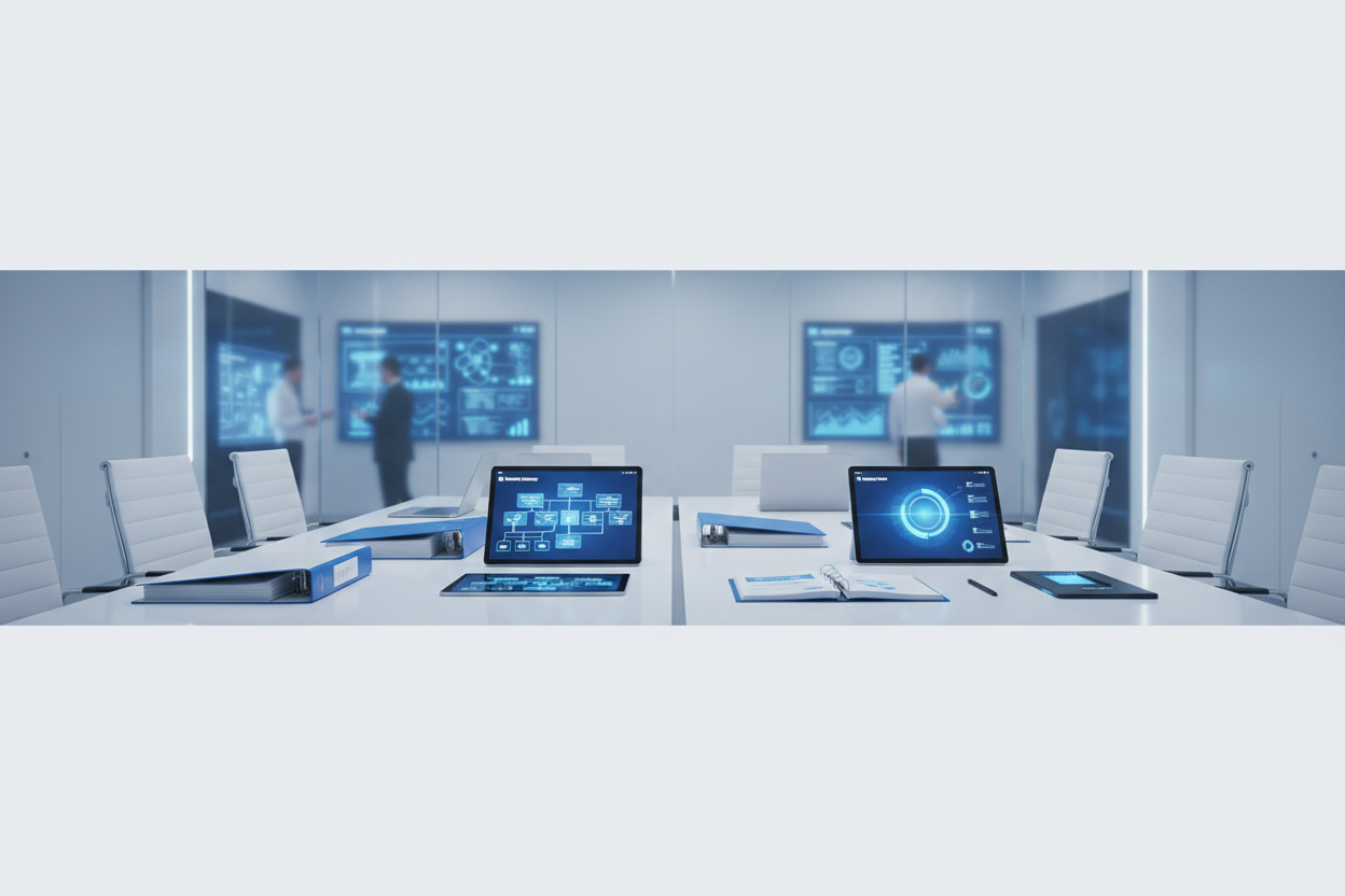 Clean white–blue regulatory aesthetic, training and competence theme, medical device quality system, minimal modern design, soft shadows, high clarity, no text, wide banner composition