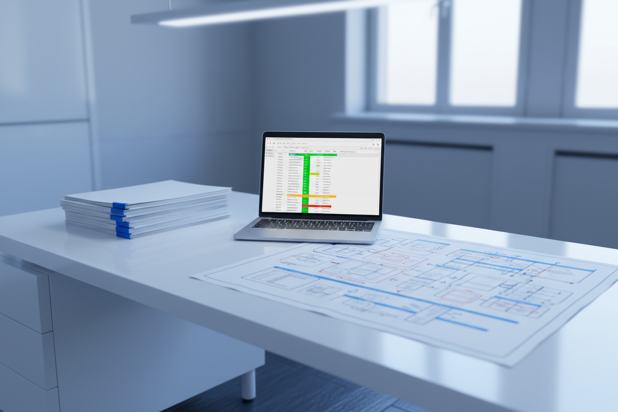 Clean white clinical desk with consulting documents, clause map and laptop open to audit plan; blue-white lighting; no people.