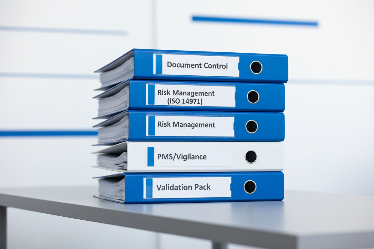 Clinical blue-white theme. Structured binder stack labelled: Document Control, Risk Management (ISO 14971), PMS/Vigilance, Validation Pack. No people. High-end regulatory-consulting visual.