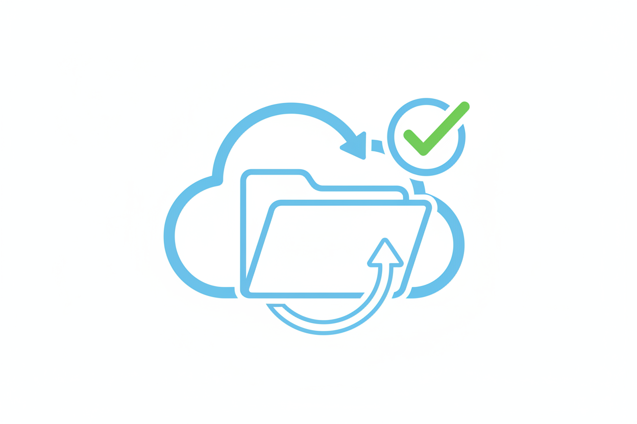 Cloud-folder icon with workflow arrows and a validation tick, sterile white-blue aesthetic.
