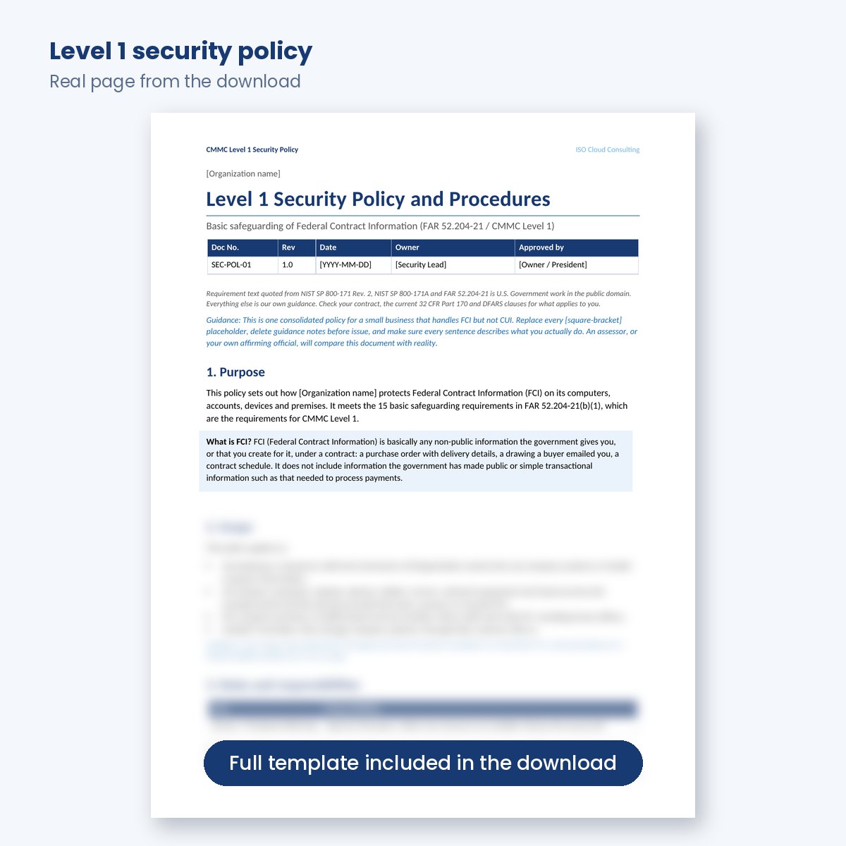 First page of the CMMC Level 1 security policy and procedures