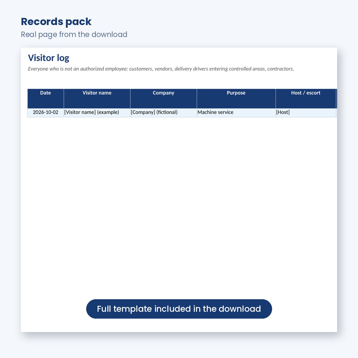 Level 1 records pack with visitor log