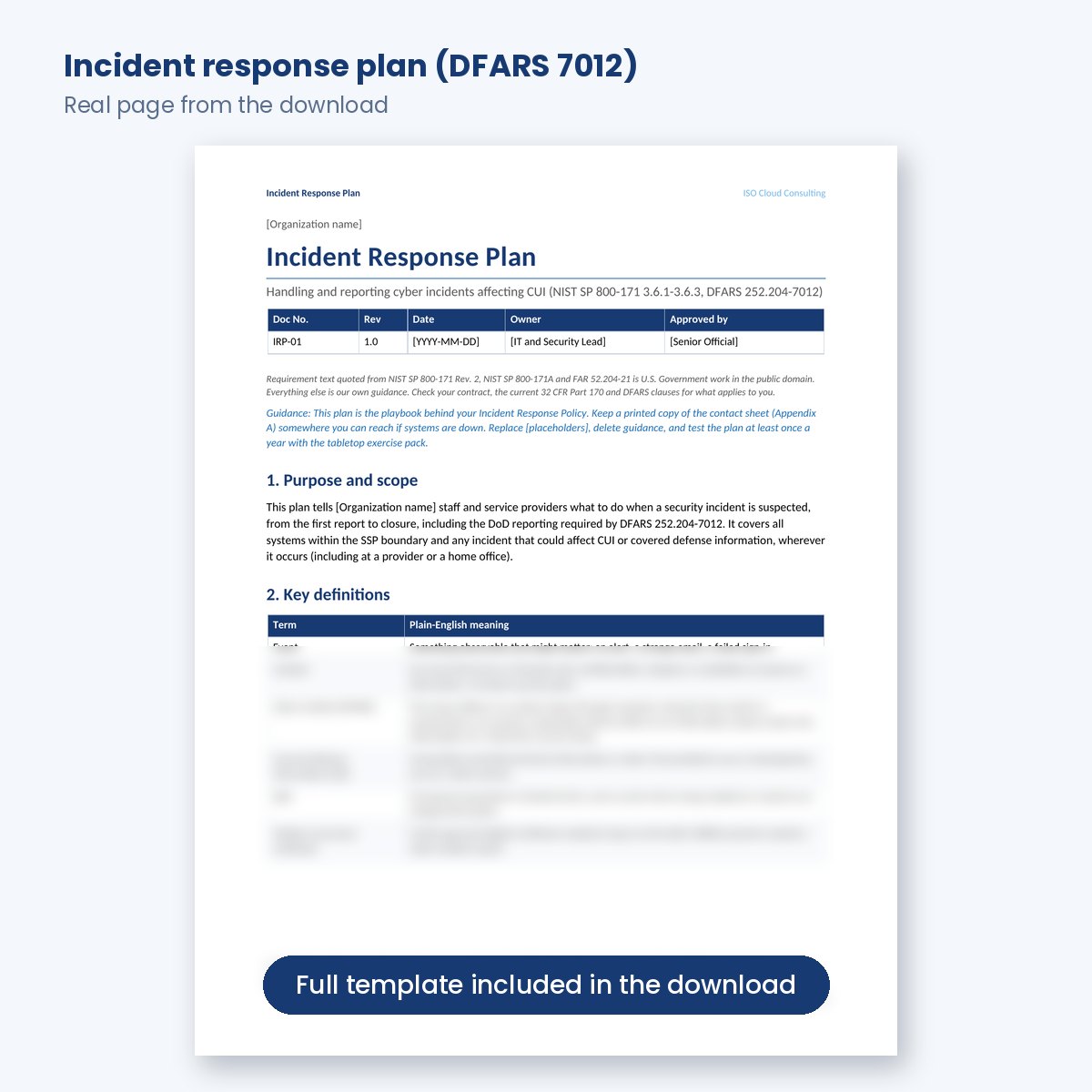First page of the CMMC incident response plan built around DFARS 7012 reporting