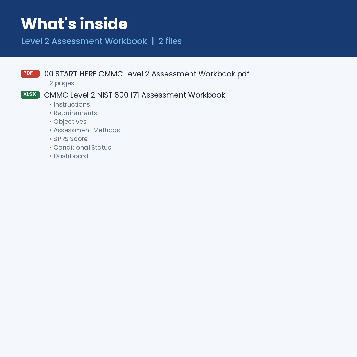 What's inside: one workbook with requirements, objectives, assessment methods, SPRS score, Conditional status and dashboard