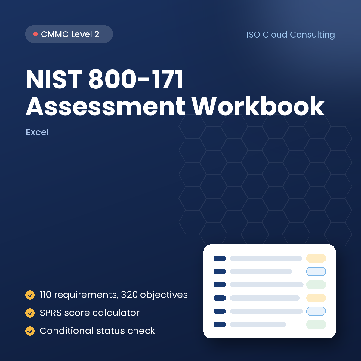 CMMC Level 2 / NIST 800-171 Assessment Workbook with SPRS score calculator cover