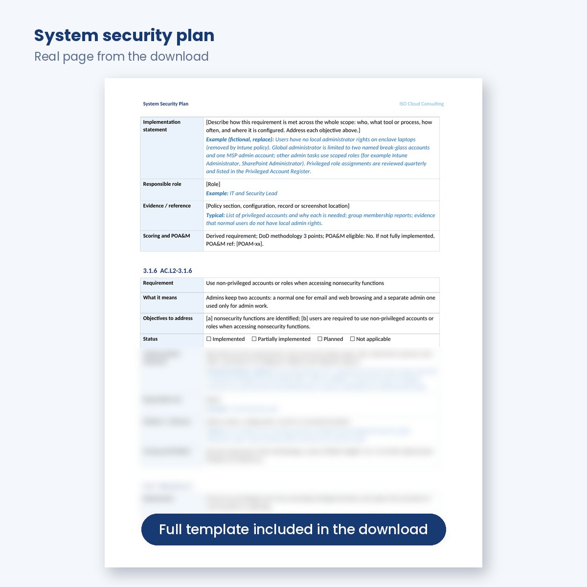 System Security Plan requirement section with example statement
