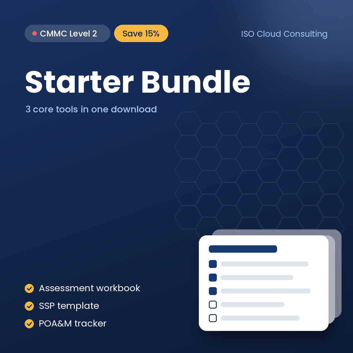 CMMC Level 2 Starter Bundle cover: assessment workbook, SSP and POA&M
