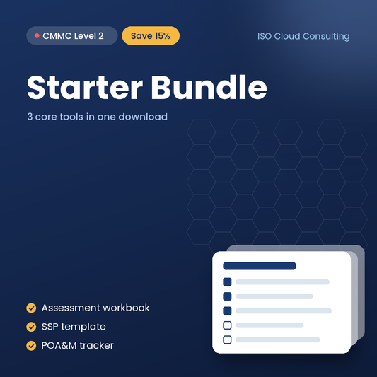 CMMC Level 2 Starter Bundle cover: assessment workbook, SSP and POA&M