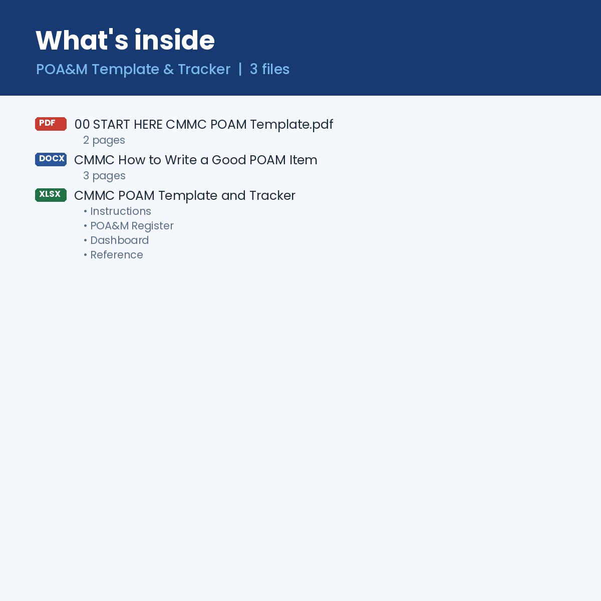 What's inside: POA&M register workbook, how-to guide in Word and Start Here guide