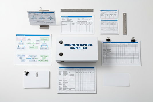 Document lifecycle flowcharts, change-control logs, master document list pages, controlled-header templates arranged neatly. White binder labeled Document Control Training Kit. Clean, clinical QMS aesthetic with crisp shadows and stainless-steel accents.