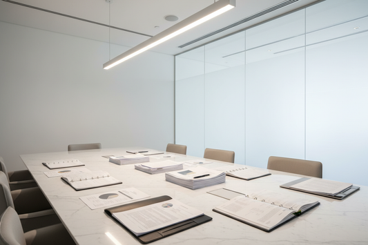 Executive boardroom environment, minimal table with documents, neutral lighting, white background, no text, no diagrams