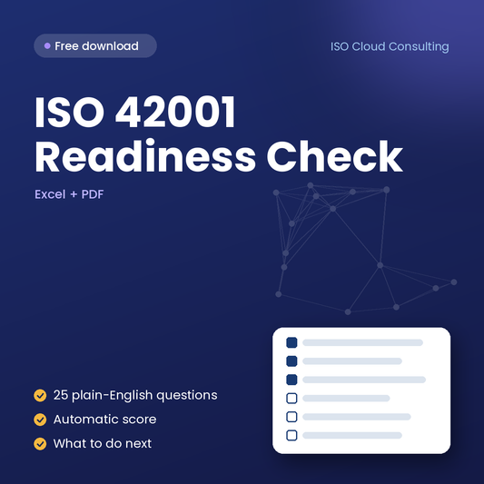 Free ISO 42001 Readiness Checklist cover: 25-question AI governance quick check in Excel and PDF