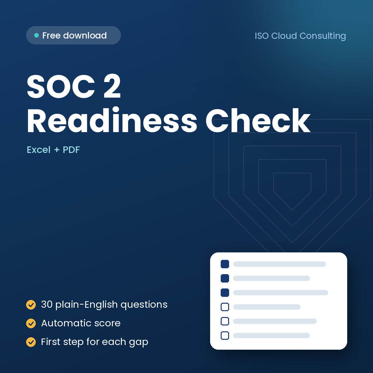 Free SOC 2 Readiness Checklist cover: 30 questions with automatic scoring in Excel and PDF