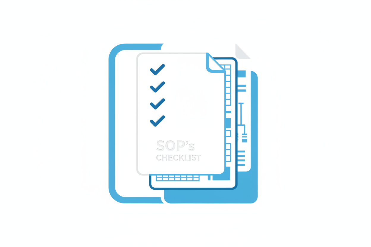 generate this icon: Ultra-clean white–blue icon of structured documents, layered SOP sheets, compliance checklist ticks, clinical regulatory aesthetic.