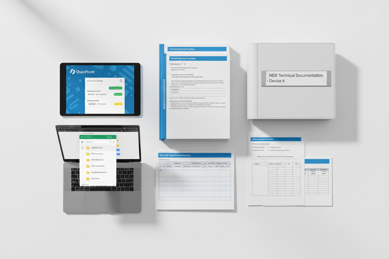 High-end regulatory documentation spread: controlled SOP templates, version-tracked SharePoint panels, Google Drive folder architecture, MDR technical documentation binder, FDA submission checklist sheets, and ISO 14971 hazard traceability matrix. Crisp white background, soft shadows, premium medical device compliance style.