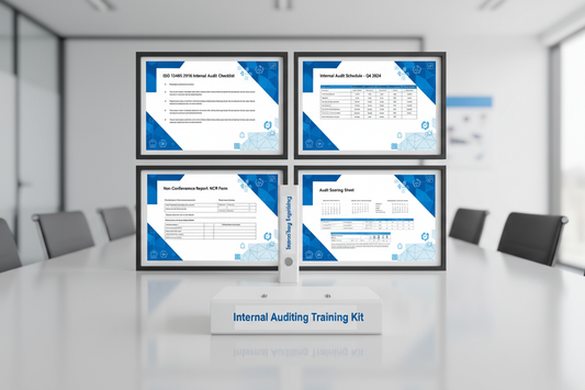 ISO 13485 audit checklists, audit schedules, NCR forms, audit scoring sheets displayed in a precise grid. White binder labeled Internal Auditing Training Kit. Blue-white regulatory look, technical and minimal, no people.