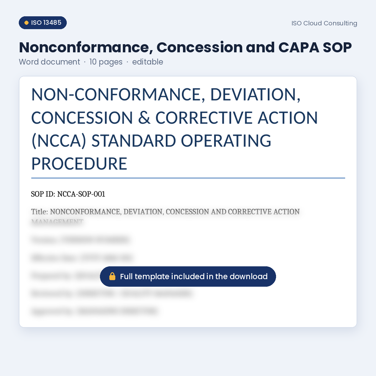 Preview of page 1 of the Nonconformance, Concession and CAPA SOP Word template in the CAPA & Nonconformance Kit (lower part blurred)