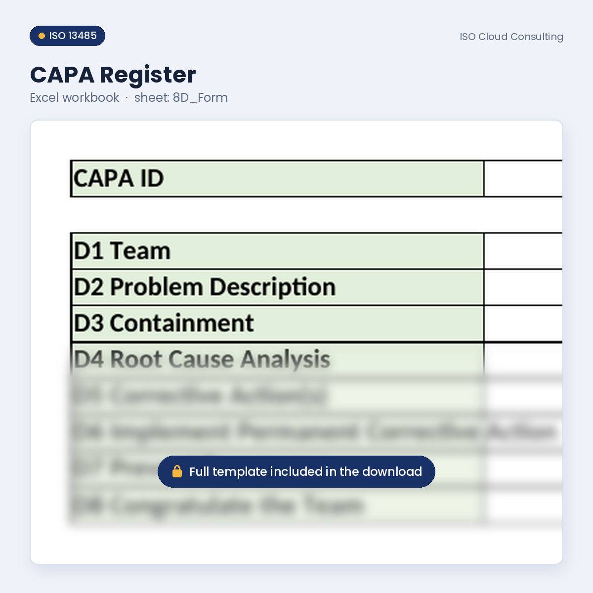 Preview of the CAPA Register Excel workbook, 8D_Form sheet, from the CAPA & Nonconformance Kit (lower part blurred)