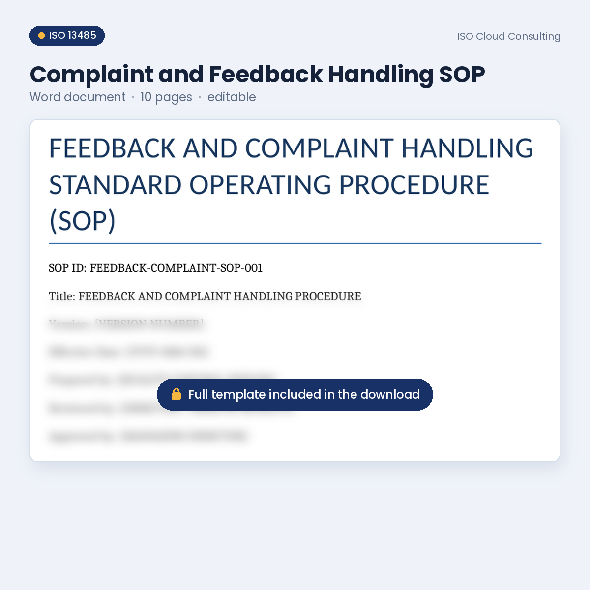 Preview of page 1 of the Complaint and Feedback Handling SOP Word template in the Complaint Handling, PMS & Vigilance Kit (lower part blurred)