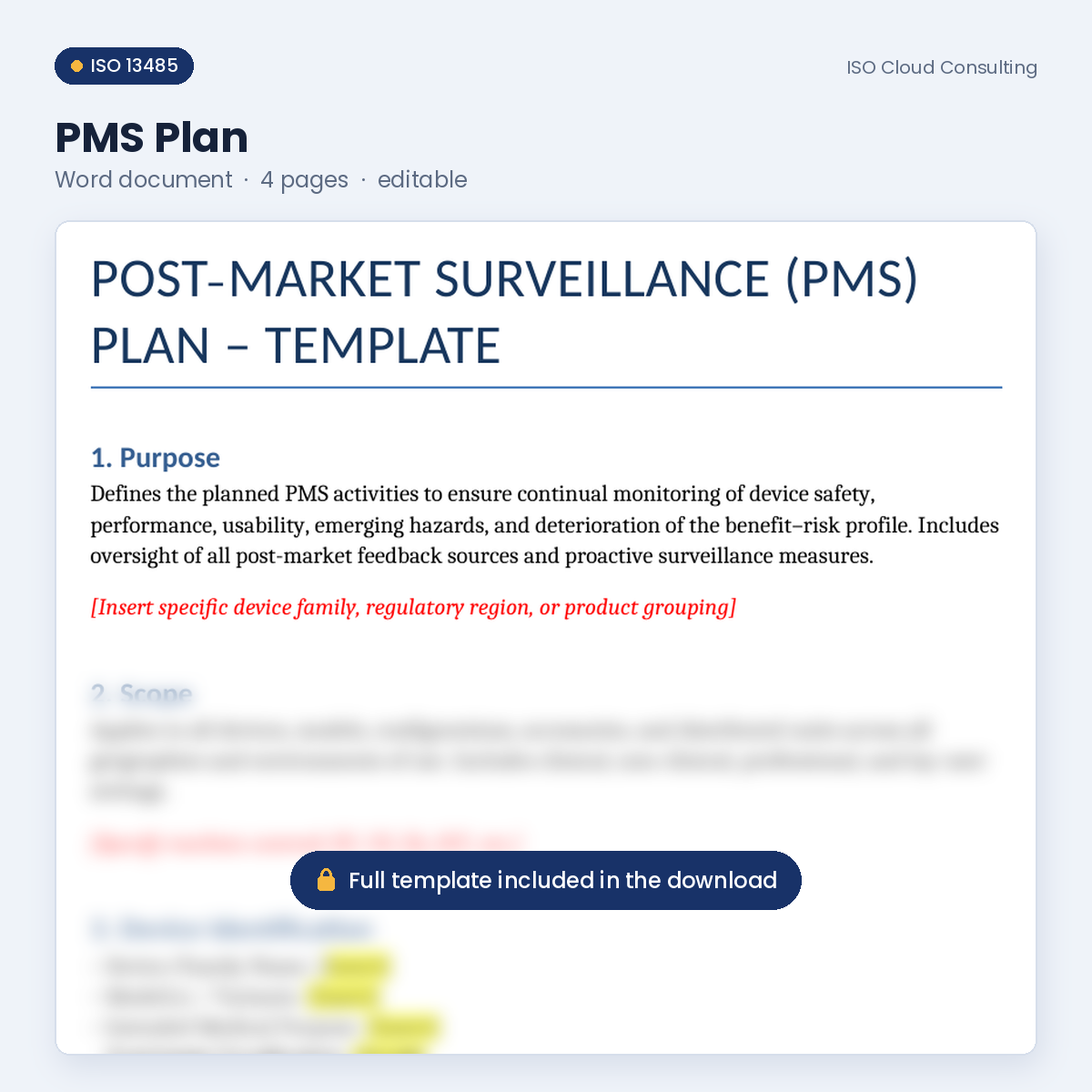 Preview of page 1 of the PMS Plan Word template in the Complaint Handling, PMS & Vigilance Kit (lower part blurred)
