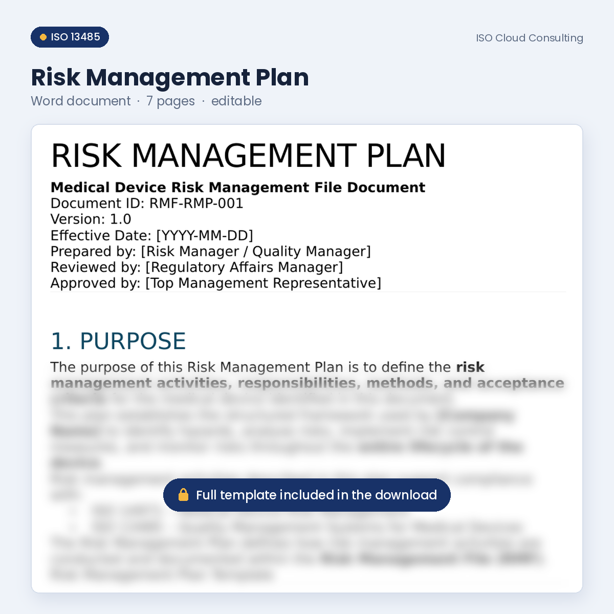 Preview of page 1 of the Risk Management Plan Word template in the ISO 13485 Complete QMS Kit (lower part blurred)