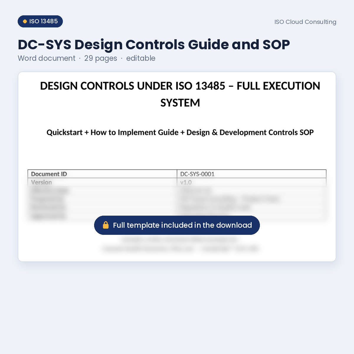 Preview of page 1 of the DC-SYS Design Controls Guide and SOP Word template in the Design Controls & DHF Kit (lower part blurred)