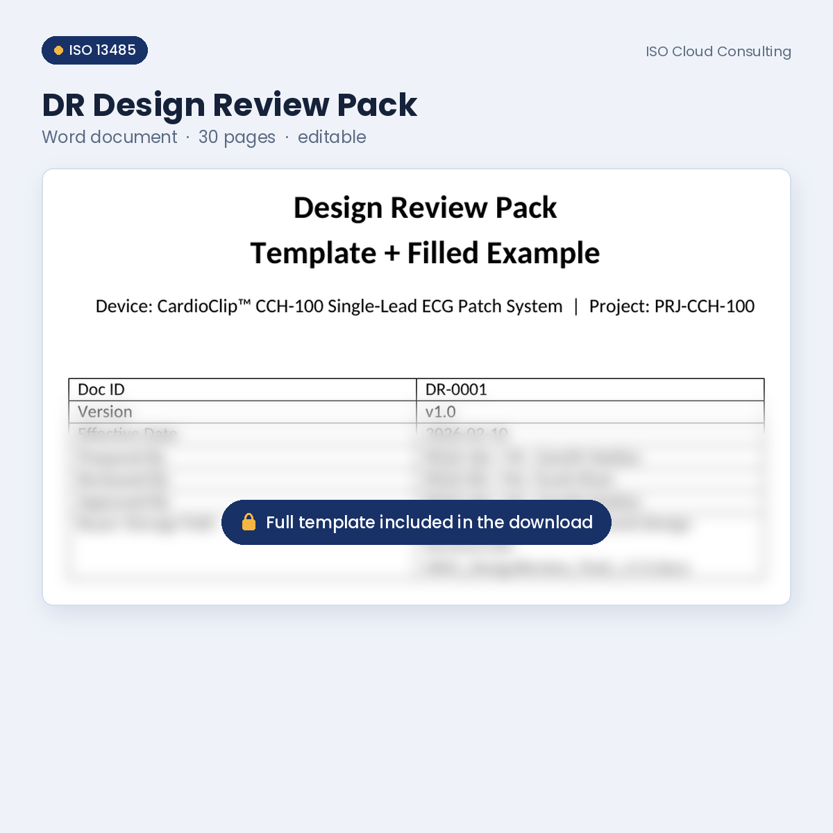 Preview of page 1 of the DR Design Review Pack Word template in the Design Controls & DHF Kit (lower part blurred)