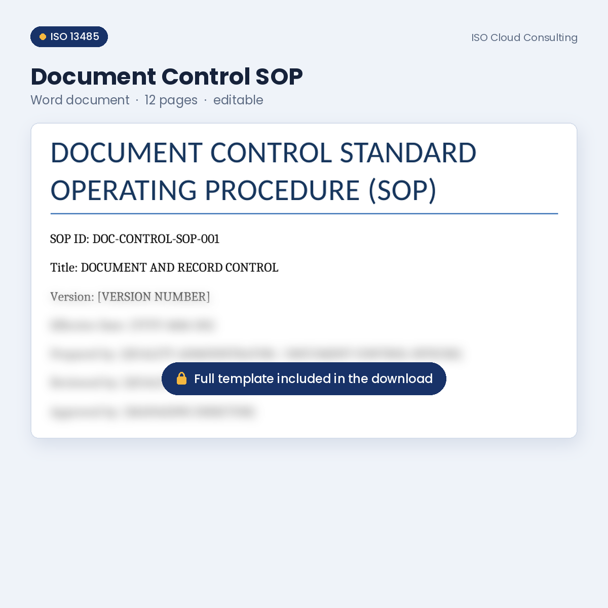 Preview of page 1 of the Document Control SOP Word template in the Document Control & Records Kit (lower part blurred)