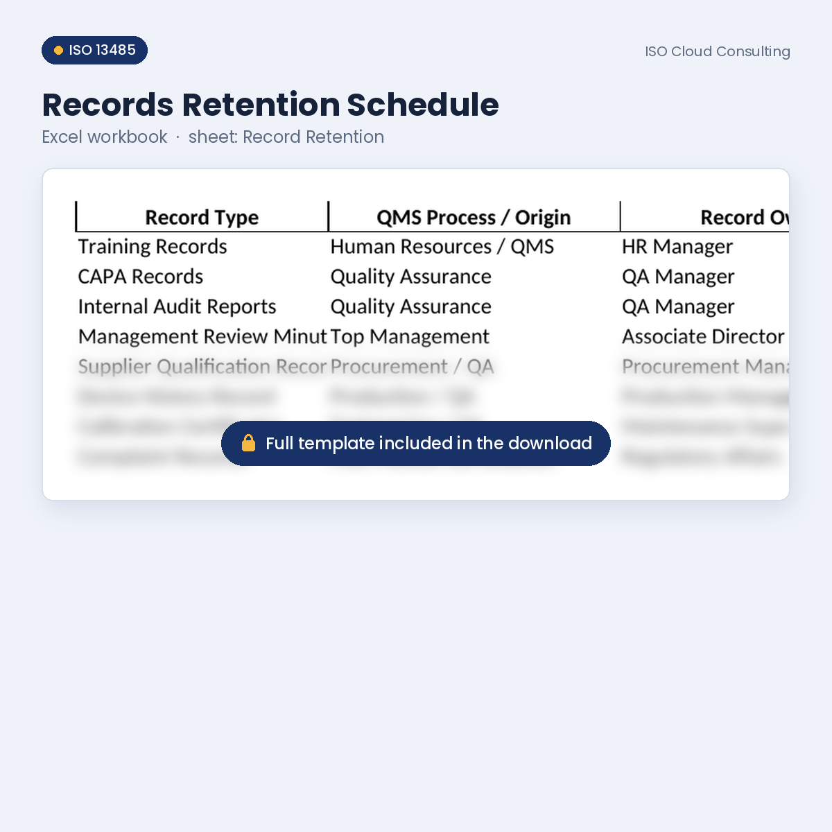 Preview of the Records Retention Schedule Excel workbook, Record Retention sheet, from the Document Control & Records Kit (lower part blurred)
