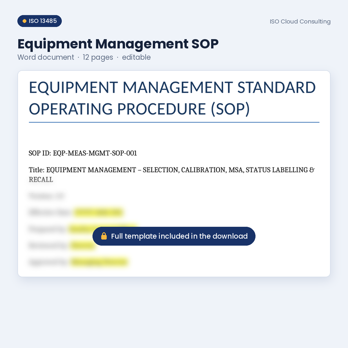 Preview of page 1 of the Equipment Management SOP Word template in the Equipment, Calibration & Work Environment Kit (lower part blurred)