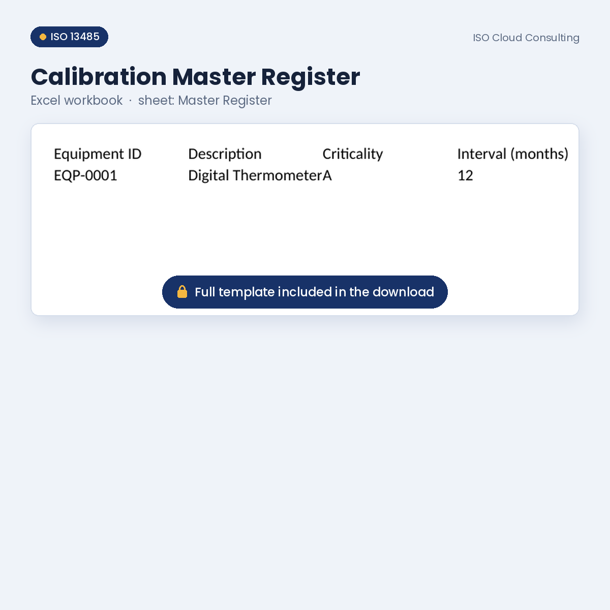 Preview of the Calibration Master Register Excel workbook, Master Register sheet, from the Equipment, Calibration & Work Environment Kit (lower part blurred)