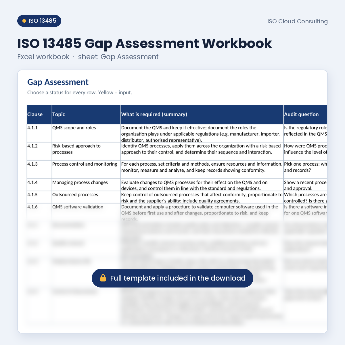 Preview of the ISO 13485 Gap Assessment Workbook Excel workbook, Gap Assessment sheet, from the ISO 13485 Gap Assessment Workbook (lower part blurred)