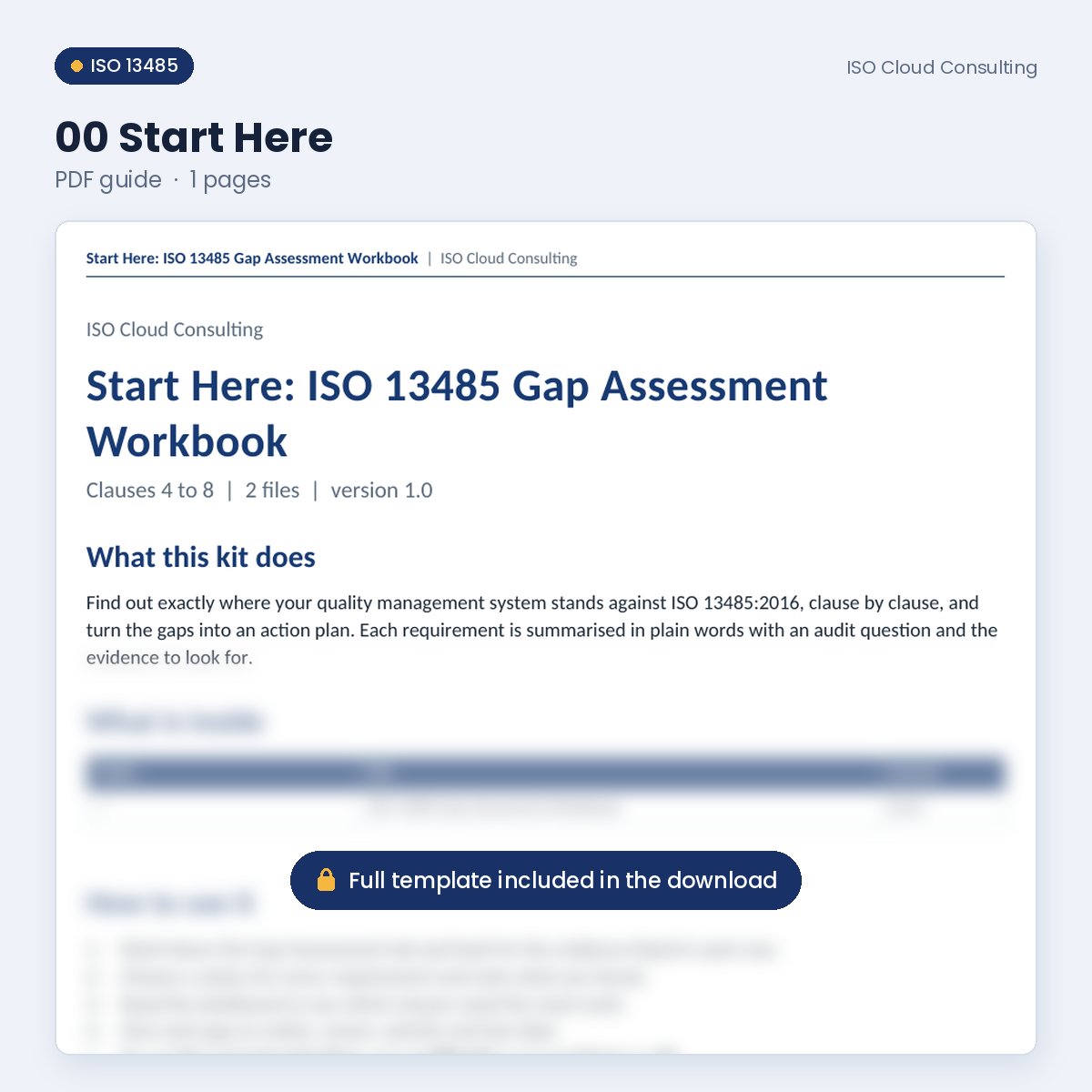 Preview of the 00 Start Here PDF in the ISO 13485 Gap Assessment Workbook (lower part blurred)